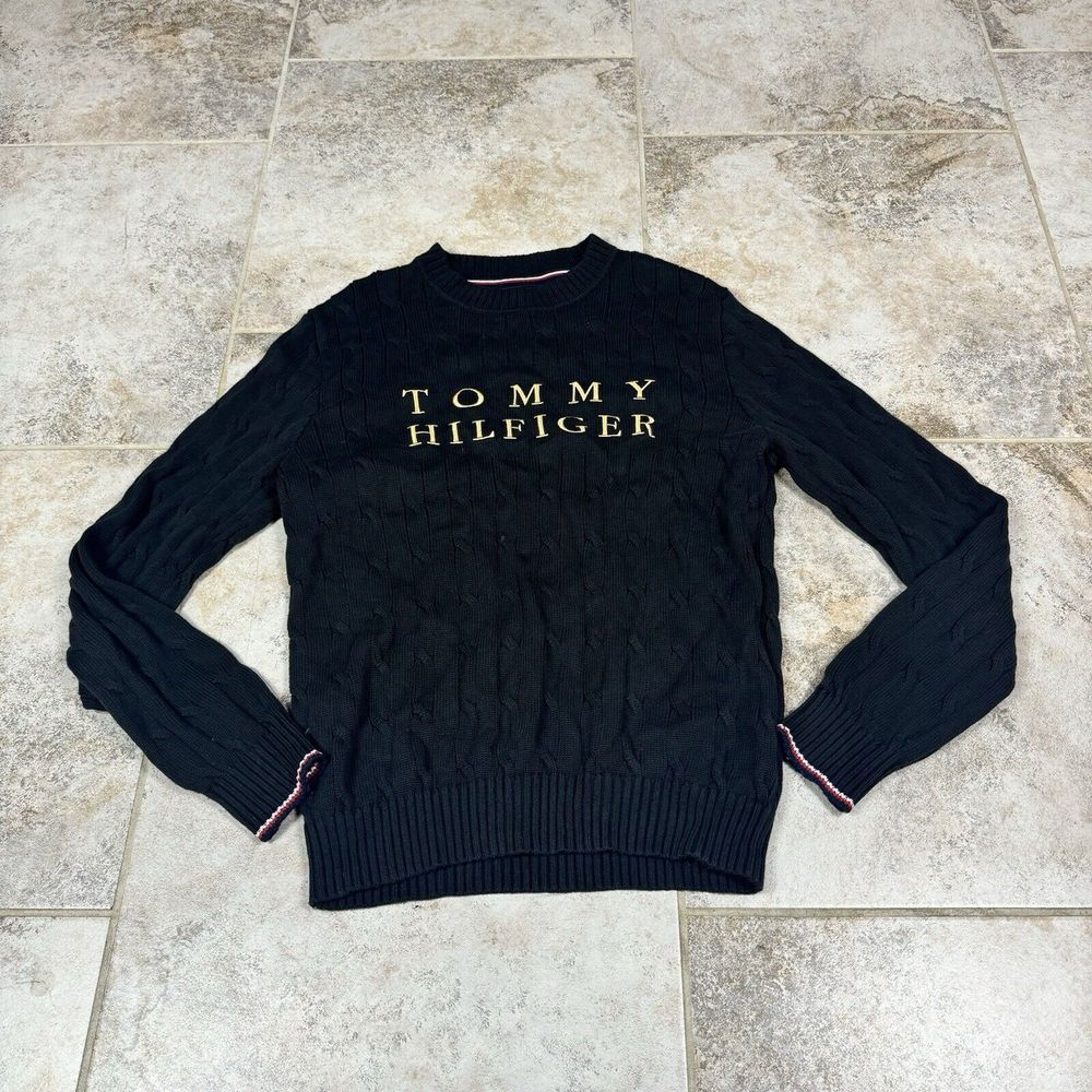 Tommy Hilfiger Cable-Knit Cotton Sweater Mens Medium Black Spellout‎ Chunky